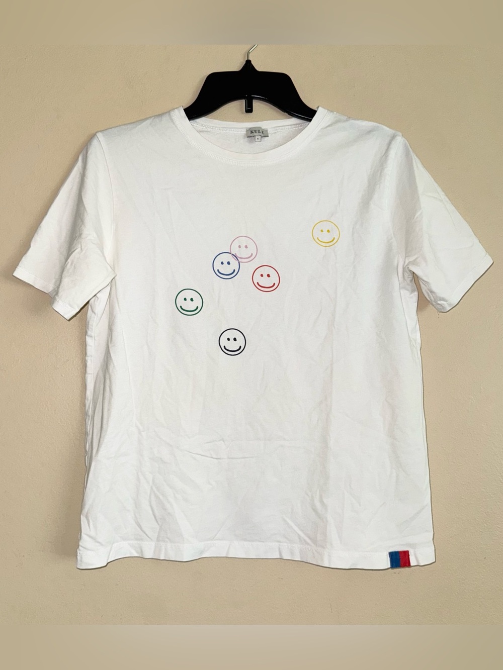 KULE White T-Shirt with Colorful Smiley Faces Organic Cotton Size S